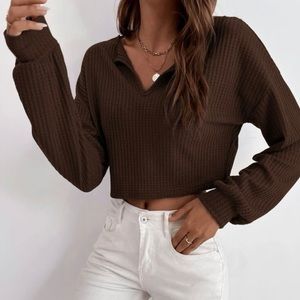Trendy drop shoulder knit cropped sweater in rich chocolate brown hue